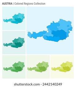 Austria map collection. Country shape with colored regions. Light Blue, Cyan, Teal, Green, Light Green, Lime color palettes. Border of Austria with provinces for your infographic. Vector illustration.