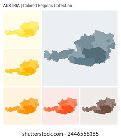 Austria map collection. Country shape with colored regions. Blue Grey, Yellow, Amber, Orange, Deep Orange, Brown color palettes. Border of Austria with provinces for your infographic.