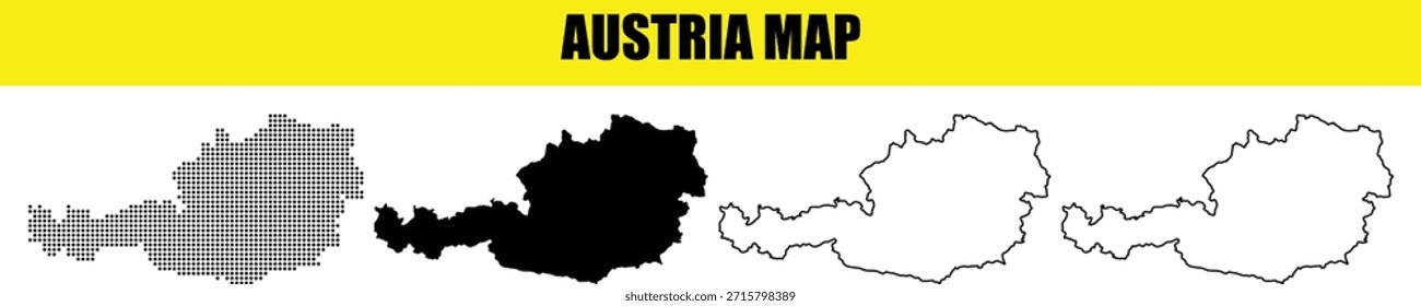 Austria Mapa de Colección de semitono de la rejilla punteada, silueta sólida, y contorno del contorno del Vector conjunto. Plantillas geográficas modernas para viajes, Educación e infografías