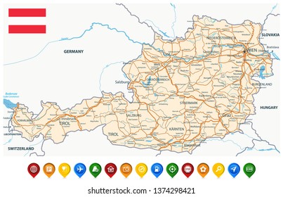 Austria Map and Colored Map Icons - Detailed map of Austria vector illustration - All elements are separated in editable layers clearly labeled.