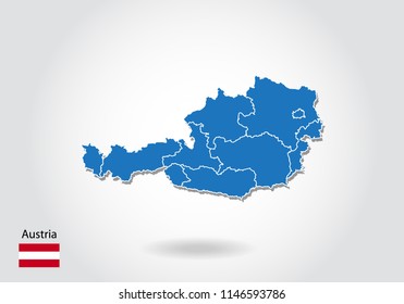 austria map design with 3D style. Blue austria map and National flag. Simple vector map with contour, shape, outline, on white.