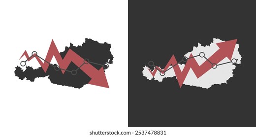 Austria map with fall and recovery chart, statistics arrow. Vector illustration.