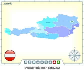 Austria Map with Flag Buttons and Assistance & Activates Icons Original Illustration