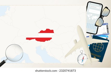 Österreich Karte und Flagge, Frachtflugzeug auf der detaillierten Karte von Österreich mit Flagge, Pass, Lupe und Flugzeug. Vektorvorlage.