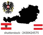 Austria map flag, coat of arms vector silhouette illustration isolated on white. Burgenland, Carinthia, Lower, Upper Austria, Salzburg, Styria, Tyrol, Vienna, Voralberg. Emblem, banner national symbol
