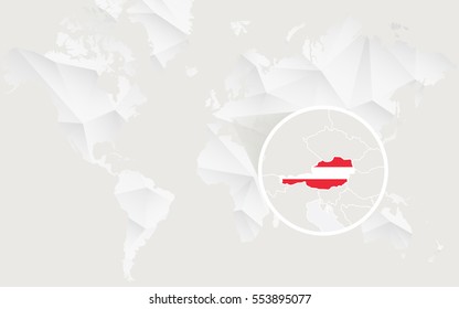 Austria map with flag in contour on white polygonal World Map. Vector Illustration.