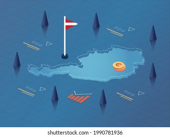 Austria Map, Flag and Currency Modern Isometric Business and Economy Vector Illustration Design