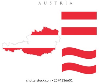 Austria map with flag embeded inside with 2 Austria  flags wavy flag and rectangular flag vector illustration