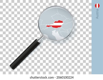 Austria map with flag in magnifying glass on transparent background. Vector loupe with map.