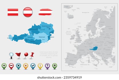 Iconos de mapa, bandera y navegación de Austria. Conjunto de ilustraciones de vector