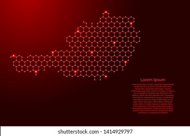 Austria map from futuristic hexagonal shapes, lines, points red and glowing stars in nodes, form of honeycomb or molecular structure for banner, poster, greeting card. Vector illustration.