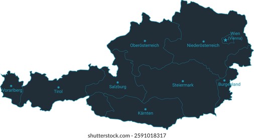 Austria map high detailed with administrative divide by state, capital cities names, outline simplicity style. Vector illustration EPS10.