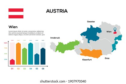Austria map. image of a global map in the form of regions of Austria regions. Country flag. Infographic timeline. Easy to edit