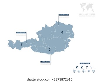 Österreichische Karte der Infografik-Blue-Navigator-Pin-Position zur Überprüfung der Kommunikationsplanposition.
