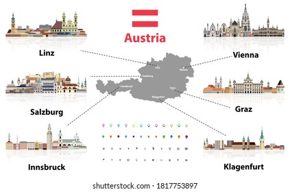 Austria map with main austrian cities skylines flat style colorful icons vector illustrations