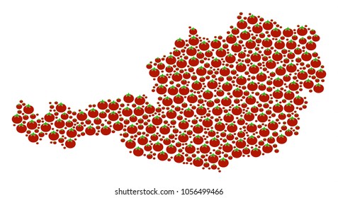 Austria Map mosaic of tomato vegetables. Vector tomato vegetable symbols are organized into austria map pattern. Diet vector illustration.