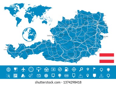 Austria Map and Map Navigation Set - Detailed map of Austria vector illustration - All elements are separated in editable layers clearly labeled.