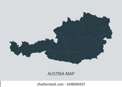 Austria map on gray background vector, Austria Map Outline Shape Gray on White Vector Illustration, Map with name. High detailed Gray illustration map Austria.