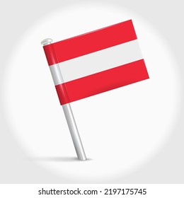 Austria map pin flag icon. Austrian pennant map marker on a metal needle. 3D realistic vector illustration.