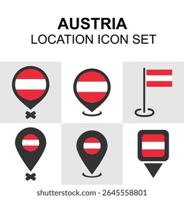 Austria map pin and location icon set featuring the national flag. Ideal for travel, navigation, and European geography visuals.