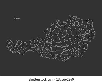 Austria Map Point scales on black background. Wire frame polygonal network white line, dot and shadow dot.