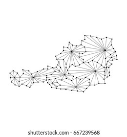 Austria map of polygonal mosaic lines, rays and dots vector illustration. 