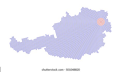 Austria map radial dot pattern. Blue dots going from the red dotted capital Vienna outwards and form the country silhouette. Illustration on white background.