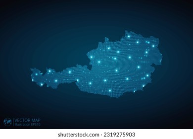 Austria mapea el patrón de puntos radiales en estilo futurista, diseño el contorno brillante del círculo azul hecho de estrellas. concepto de comunicación sobre fondo azul oscuro. EPS10 vectores