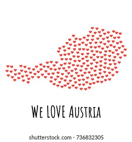 Austria Map with red hearts- symbol of love. abstract background with text We Love Austria. vector illustration. Print for t-shirt