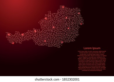 Austria map from red pattern of the maze grid and glowing space stars grid. Vector illustration.