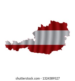 Austria map with rippled flag on white illustration. Waving Fabric Flag Map of Austria. Map of Europe. Vector White Background. Vector illustration eps10.