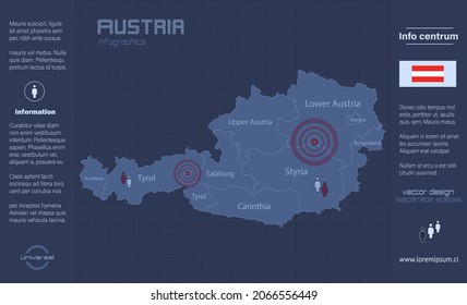 Austria map, separate regions with names, infographics blue flat design vector