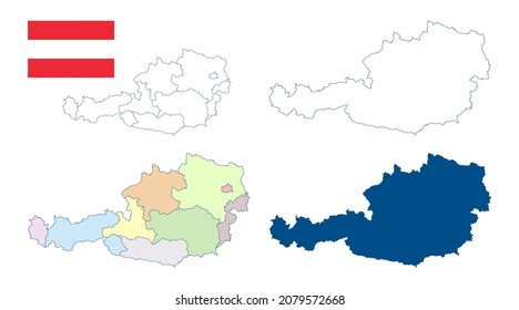 Austria map. Set of vector maps. Detailed blue outline and silhouette. Administrative divisions and states. Country flag. All isolated on white background. Template for design.