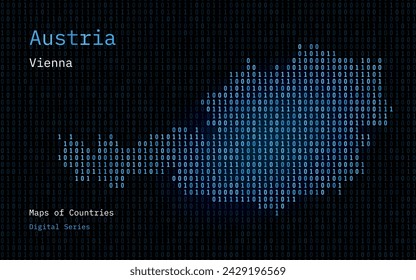 Austria Map Shown in Binary Code Pattern. Matrix numbers, zero, one. World Countries Vector Maps. Digital Series