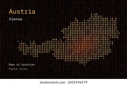 Austria Map Shown in Binary Code Pattern. Matrix numbers, zero, one. World Countries Vector Maps. Digital Series