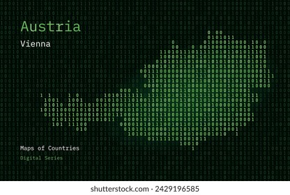 Austria Map Shown in Binary Code Pattern. Matrix numbers, zero, one. World Countries Vector Maps. Digital Series