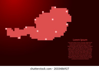 Austria mapea la silueta a partir de píxeles cuadrados rojos y estrellas brillantes. Ilustración vectorial.