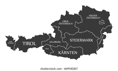 Austria Map with states and labelled black