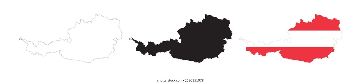 Austria map in various style outline, icon, black color, border, flag colors. Europe country icons collection. Vector illustration