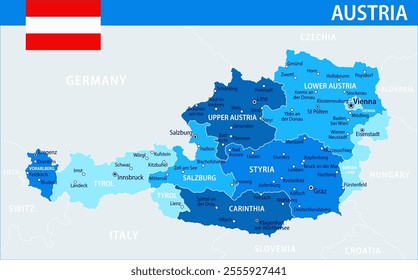 Austria Map Vector Blue Spot - Customizable layered political map of Austria with administrative divisions for website, education, reports, news, politics, print, poster and wallpaper