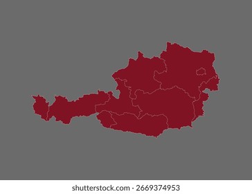 Áustria mapa vetor, cor Borgonha, isolado no fundo cinza