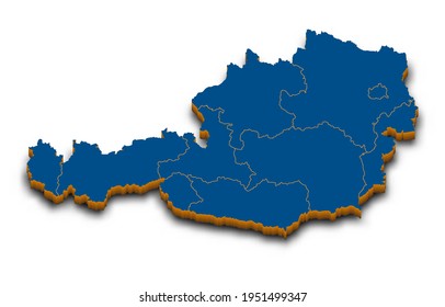 Austria map vector. High detailed administrative 3D map of Austria with dropped shadow. Vector blue isometric silhouette with administrative divisions. All isolated on white background