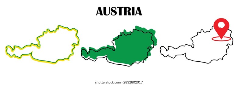 Austria map vector illustration set, Austria outline silhouette shape icon infographic design element with pin mark