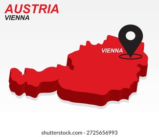 Austria Map Vetor, Vienna Capital Marker on Red 3D Country Shape, Austria Infographic Design, Ponteiro de destino editável Austria Geografia