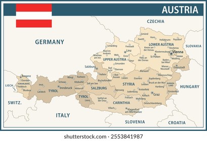 Austria Map Vector Vintage Dark Blue Beige - Customizable layered political map of Austria with administrative divisions for website, education, reports, news, politics, print, poster and wallpaper