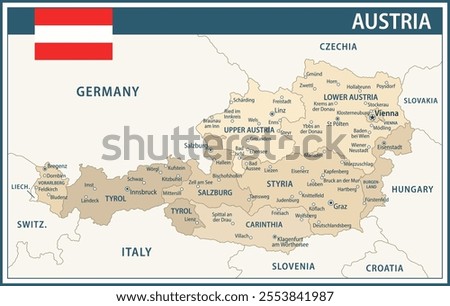 Austria Map Vector Vintage Dark Blue Beige - Customizable layered political map of Austria with administrative divisions for website, education, reports, news, politics, print, poster and wallpaper