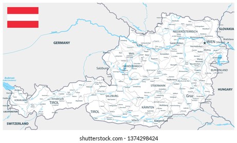 Austria Map White Color - Detailed map of Austria vector illustration - All elements are separated in editable layers clearly labeled.