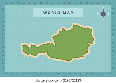 Mapa de Austria - Mapa Mundial Modelo vectorial internacional Alto detallado con color verde y crema aislado en fondo azul incluyendo icono de la rosa de la brújula - Ilustración vectorial eps 10