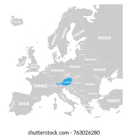 Austria marked by blue in grey political map of Europe. Vector illustration.