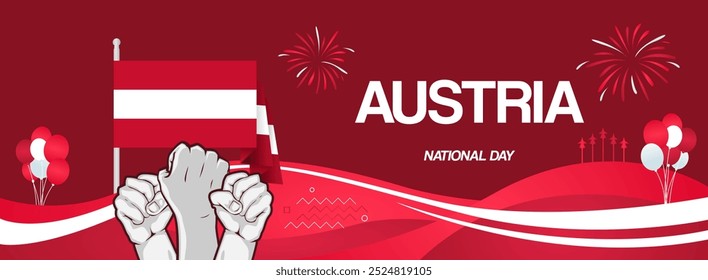 Austria national day banner with flags and raised hands. Modern banner for various purposes like as public holiday greeting cards, sports and music event posters, web headers. Horizontal design